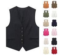 Gilet senza maniche, da uomo, sottile, in lino, estivo, leggero, con tasche, per il tempo libero, elegante, con scollo a V, per attività all'aria aperta, con bottoni, per lo sport, Colore: rosso, L