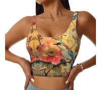 Gilet sportivo da donna con stampa floreale e uccellino, leggero e traspirante, per allenamento, fitness, Nero , S Short