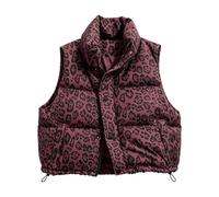 Gilet trapuntato da donna con collo alto e zip, modello ampio e casual, gilet corto imbottito con stampa leopardata, modello senza maniche con tasche pratiche.