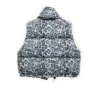 Gilet trapuntato da donna con collo alto e zip, modello ampio e casual, gilet corto imbottito con stampa leopardata, modello senza maniche con tasche pratiche.