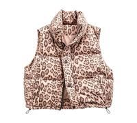 Gilet trapuntato da donna con collo alto e zip, modello senza maniche con tasche pratiche, gilet corto imbottito con stampa leopardata, modello ampio e casual.