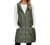 Gilet trapuntato da donna, lungo, leggero, con cappuccio, senza maniche, per le mezze stagioni, con imbottitura, caldo, per attività all'aperto, tempo libero, escursioni, viaggi, verde militare, S