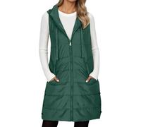 Gilet trapuntato da donna, lungo, leggero, con cappuccio, senza maniche, per le mezze stagioni, con imbottitura, caldo, per attività all'aperto, tempo libero, escursioni, viaggi, verde, M