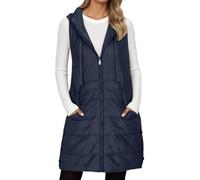 Gilet trapuntato da donna, lungo, leggero, con cappuccio, senza maniche, per le mezze stagioni, con imbottitura, caldo, per attività all'aperto, tempo libero, escursioni, viaggi, Blu marino, XXL