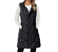 Gilet trapuntato lungo da donna con cappuccio - giacca leggera e senza maniche con cerniera e tasche | Scaldacollo, per la transizione, Stil_y01 Nero, 3XL