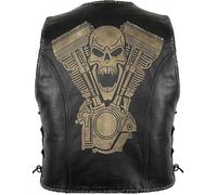 Gilet Uomo In Vera Pelle Nera - Gilet Moto Con Incisione Laser Teschio E Motore, Chiusure A Gancio, Tasche, Lacci Laterali Regolabili - Smanicato Moto O Giacca Pelle Biker Senza Maniche Stile Chopper