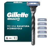 Gillette Mach 3 Rasoio Barba Manuale, 6 Lamette Uomo, Multicolore | Manico in Acciaio Inossidabile e Plastica, 6 Ricambi a 3 Lame, Rasatura Scorrevole con Gel Lubrificante, Facile Risciacquo