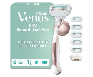 Gillette Venus Pro Smooth Sensitive Rasoio Donna a 5 Lame per Pelli Sensibili con 6 Lamette da Donna di Ricambio, Manico in Metallo Riutilizzabile, Gancio per la Doccia e Copertura da Viaggio Pezzi