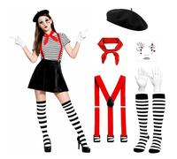 Gillterway 6 pezzi costume da pantomima donna uomo costume arlecchino da donna con berretto basco, guanti, tatuaggio facciale, bretelle regolabili, costume da clown circo per carnevale e carnevale