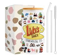 Gilmore Girls Merch - Bicchiere con cannuccia e coperchio, set completo e stampa su entrambi i lati, tazza in vetro per ragazze e adolescenti, idea regalo, per caffè, succhi di frutta, cocktail, 500