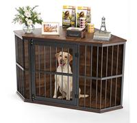 Gimars Gabbia per Cani ad Angolo, Mobile Decorativo in Legno da Interno, Cuccia per Cani Piccoli e Medi, Stile Rustico Marrone
