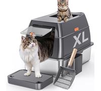 Gimars Lettiera per gatti 3 in 1, anti-perdite, in acciaio inox, con coperchio, extra large, recintata, facile da pulire, con paletta, ingressi anteriore e superiore, per più gatti