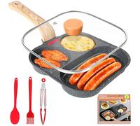 Gimars Padella Antiaderente per Frittata con Coperchio Padella Pancake Multifunzionale a 3 Fori in Alluminio a Gas Induzione per Uova Hamburger Omelette Prosciutto Colazione,con Spatola Pennello Clip