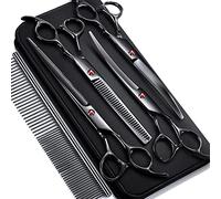 Gimars Set di forbici professionali 6 in 1 in acciaio inox da 17,8 cm, con rivestimento in titanio 4CR e diradamento e forbici curve e pettine per cani e gatti