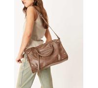 Gina Tricot - Borsa shopping grande con manici superiori e tracolla marrone scuro con borchie No Size