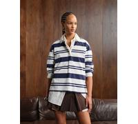 Gina Tricot - Maglietta a maniche lunghe vestibilità comoda bianca a righe blu navy con colletto stile polo L