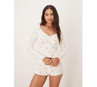 Gina Tricot - Mix and Match - Top pigiama da casa in maglia serafino bianco con cuori neri XL