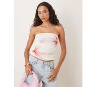 Gina Tricot - Top a fascia in rete bianco con motivo stampato con fiori rosa L