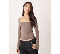 Gina Tricot - Top a maniche lunghe morbido al tatto marrone fungo con scollo rotondo e polsini con spacco XS