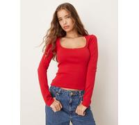 Gina Tricot - Top a maniche lunghe rosso a costine con fiocco S