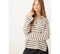 Gina Tricot - Top a maniche lunghe taglio comodo stile polo all'uncinetto beige chiaro e nero a righe-Neutro XS