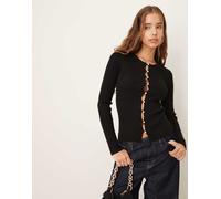 Gina Tricot - Top nero in maglia a coste con maniche lunghe e bottoni M