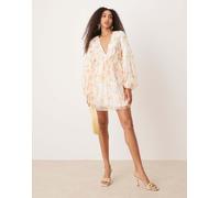 Gina Tricot - Vestito corto a maniche lunghe con scollo a V e stampa multicolore effetto acquerello 34