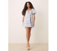 Gina Tricot - Vestito corto allacciato sul davanti a fiori blu con maniche a sbuffo L