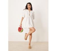 Gina Tricot - Vestito corto con corpino allacciato e maniche a sbuffo bianco L