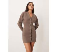 Gina Tricot - Vestito corto marrone in maglia marrone con maniche lunghe a campana, bottoni e scollo a V XL