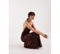 Gina Tricot - Vestito lungo con scollo ad anello in rete nero con stampa di rose rosse e spalline sottili L