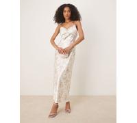 Gina Tricot - Vestito lungo in raso bianco a fiori con finiture in pizzo 40