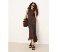 Gina Tricot - Vestito midi senza maniche marrone con fondo asimmetrico in pizzo lavorato all'antica XL
