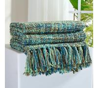 GINAMUSE Coperta lavorata a maglia multicolore verde per divano, 127 x 152 cm, in stile bohémien, per decorare la casa, super morbida, calda e accogliente, coperta a maglia grossa, con nappe