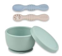 Ginbear Ciotola in silicone con ventosa e coperchio e 2 cucchiai per bambini dai 4 mesi in su, set di auto-alimentazione guidato per bambini, primo livello, accessorio BLW atossico (verde, avorio +