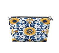 Ginfult Borsa per il trucco con motivo a piastrelle italiane blu giallo custodia per cosmetici impermeabile piccola borsa per trucco portatile borsa da toilette per donne ragazze viaggio