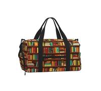 Ginfult Borsa sportiva da palestra con vari scaffali con stampa di libri, con scomparto per scarpe e tasca bagnata, borsa da viaggio impermeabile per allenamento notturno e weekender, per donne e