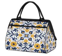 Ginfult Borsone sportivo da viaggio impermeabile con piastrelle con fiori gialli e blu, leggero, per palestra, weekender, per la notte, per donne e uomini