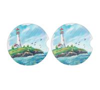 Ginfult Coastal Beach Lighthouse - Sottobicchieri per auto con cartolina e portabicchieri per auto, assorbenti, in ceramica, per bevande, con base in sughero antiscivolo, confezione da 2