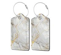 Ginfult Confezione da 2 etichette per bagagli in pelle con stampa effetto marmo bianco e oro, per valigie, etichette per nome da viaggio, con anello in acciaio inossidabile, etichetta identificativa