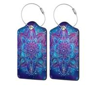 Ginfult Confezione da 2 etichette per bagagli in pelle mistica viola blu mandala per valigie, etichette da viaggio con anello in acciaio inossidabile, etichetta identificativa per la privacy