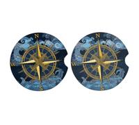 Ginfult Confezione da 2 sottobicchieri blu con bussola dorata, assorbenti, in ceramica, per bevande, con base in sughero antiscivolo