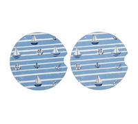 Ginfult Confezione da 2 sottobicchieri per auto a righe blu oceanico, nave, ancora bussola, sottobicchieri, assorbenti, in ceramica, per bevande, con base in sughero antiscivolo