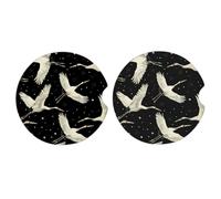 Ginfult Confezione da 2 sottobicchieri per auto con gru beige e bianco, in ceramica, assorbenti, con base in sughero antiscivolo