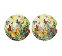 Ginfult Confezione da 2 sottobicchieri vintage con farfalla gialla marrone rossa per auto, in ceramica, assorbenti, con base in sughero antiscivolo