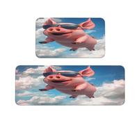 Ginfult Set di 2 tappeti da cucina a forma di maialino volante, antiscivolo, assorbenti, per camera da letto, bagno, ufficio