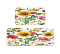 Ginfult Set di 2 tappeti da cucina con girasole, papaveri e fiordalisi, antiscivolo, assorbenti, per camera da letto, bagno, ufficio