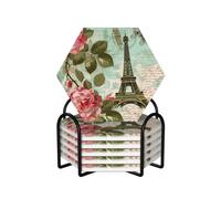 Ginfult Set di 6 sottobicchieri in ceramica assorbenti a tema Torre Eiffel con rosa e retro in sughero, esagonali, con supporto per la casa
