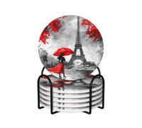 Ginfult Set di 6 sottobicchieri rotondi in ceramica assorbente con ombrello rosso Torre Eiffel da donna con supporto per la casa