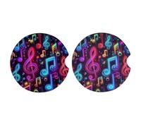 Ginfult Sottobicchieri colorati a tema note musicali per auto, confezione da 2, sottobicchieri assorbenti in ceramica per bevande con base in sughero antiscivolo